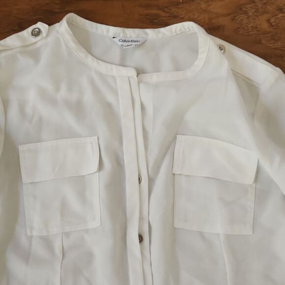 Calvin Klein women's small/petite white button front blouse adjustable sleeves - Picture 3 of 7